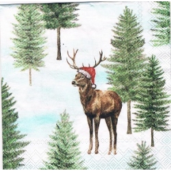 Serwetka -3295- MINI 25x25 cm,  jeleń w czapce Mikołaja